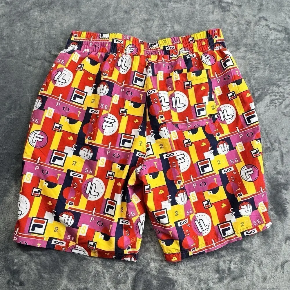 Vintage FILA Sz L Vibrant Geometric All Over Logo SPORT Shorts Swimming Trunks